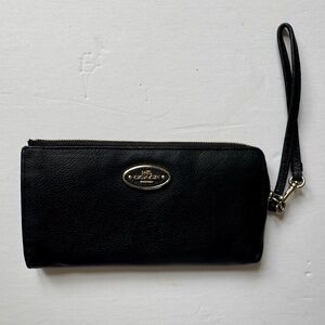 Coach Signature L-zip Black Leather Wallet with Wrist Strap